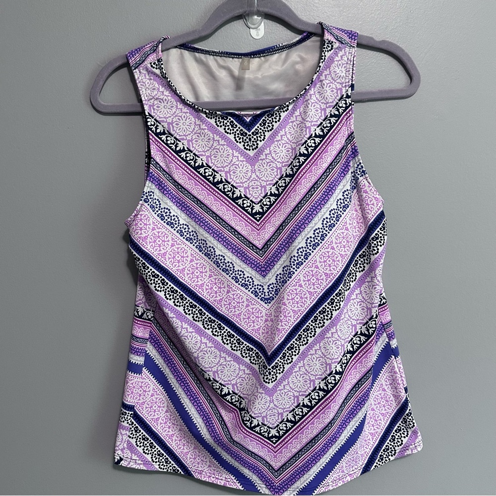 Lands’ End Purple Print High Neck Tankini Swim Top Size 10 Wirefree Built In Bra